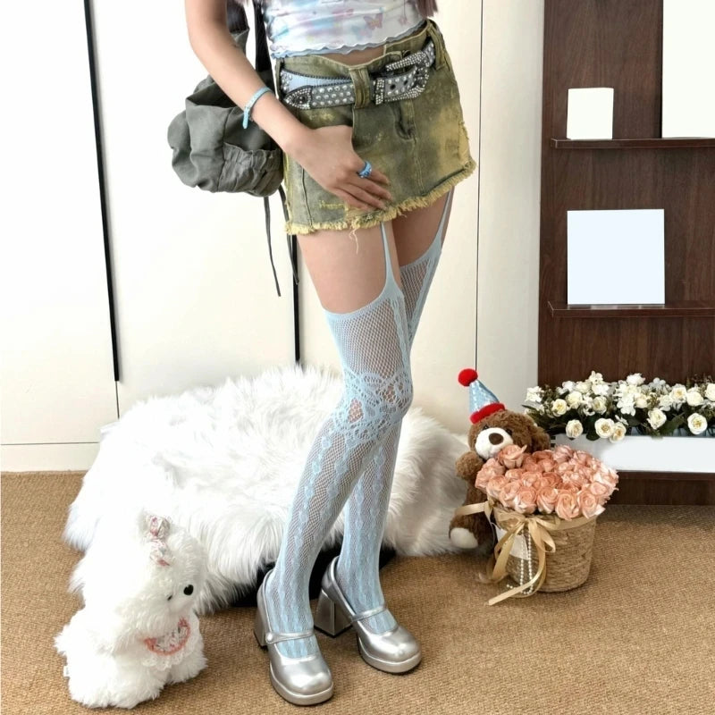 Women Hollowed Fishnet Garter Belt Pantyhose Spicy Girl Sexy Open Crotch Punk Heart Patterned Sheer Thigh High Suspender Tights#