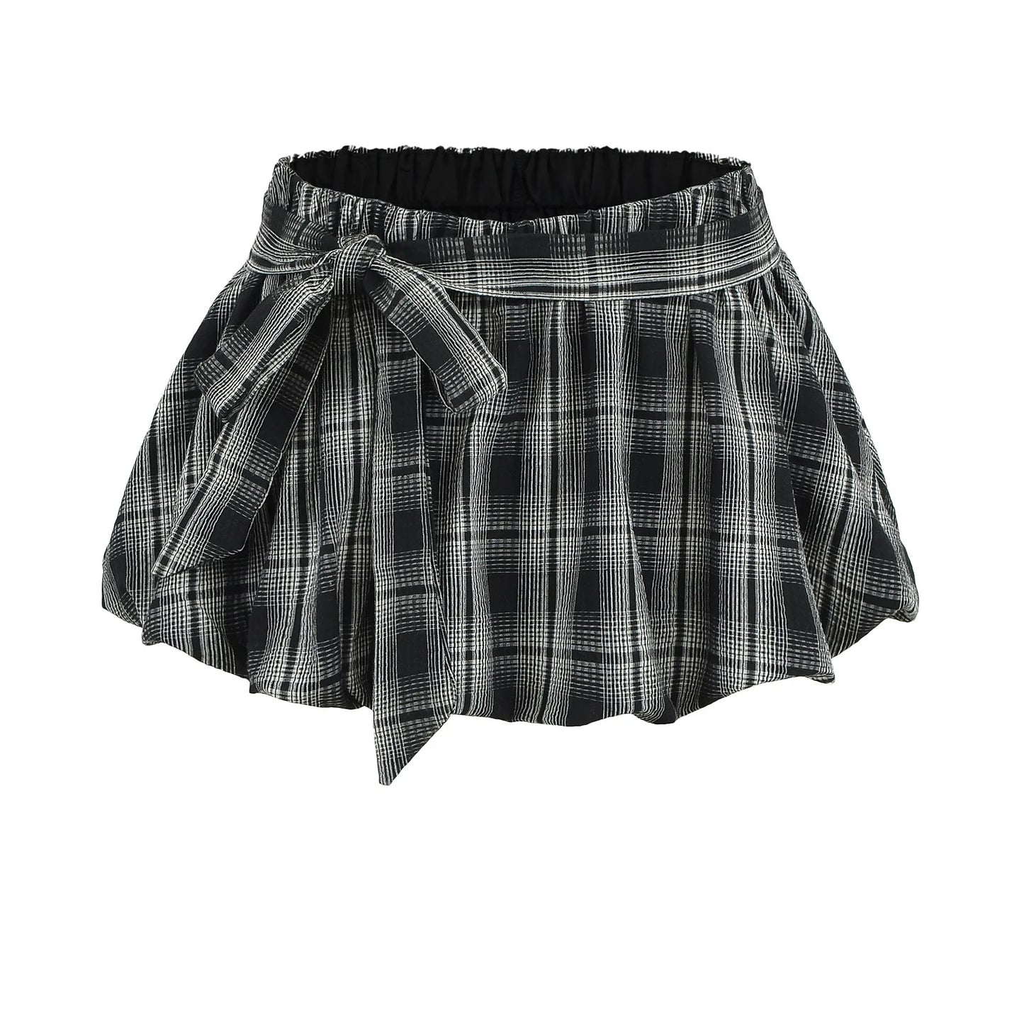 KADUWAKI Summer Plaid Printed Hanging Neck Sloping Shoulder Lace Up Slim Fit Top Khaki Mini A-line Fluffy Skirt 2-piece Sets Y2k