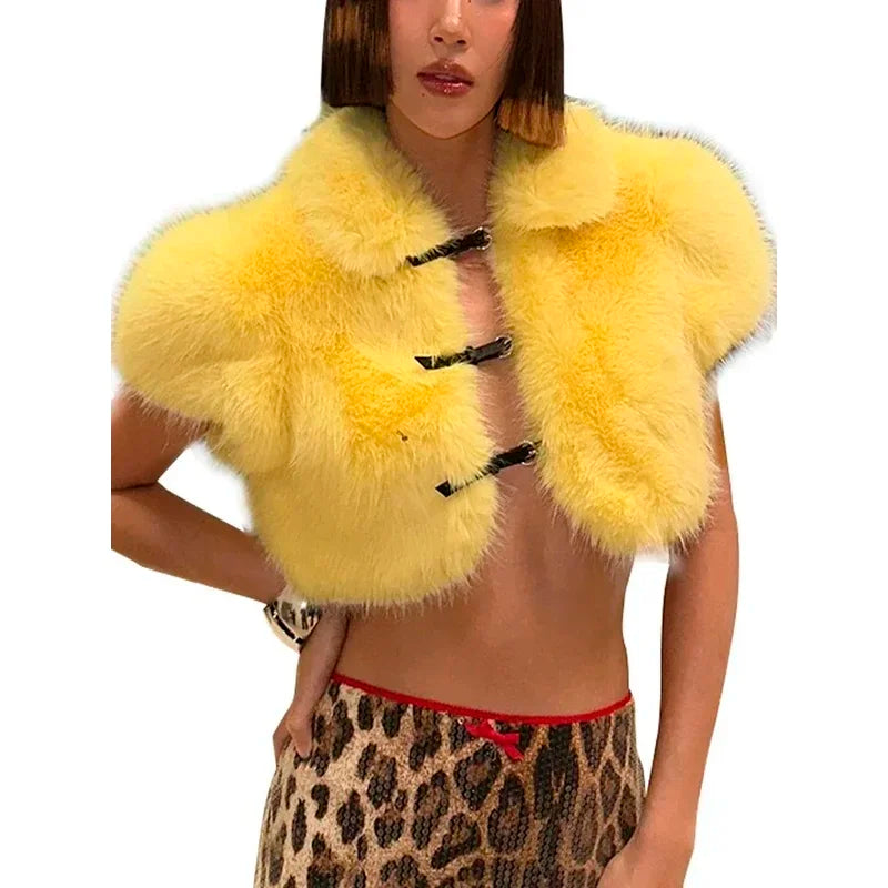 【Ready For Ship】Yellow Faux Fur Cropped Jackets Women Fall Winter Fashion Slim Sleeveless Vests Turn-Down Collar Buckle Belts Fu