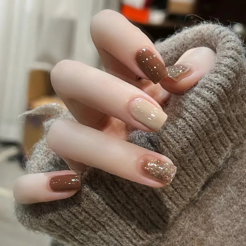 24pcs Cute Girly Short Square False Nails Sweet White French Nail Glitter Star Rhinestones Nail Art Cat Eye Bow Press On Nails
