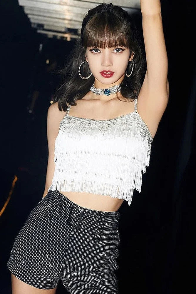 Lisa Kpop Outfit Korean Celebrity New Tassel Sexy Sleeveless Vest Tops Slim High Waist Shorts Shinny Women DS DJ Rave Clothes