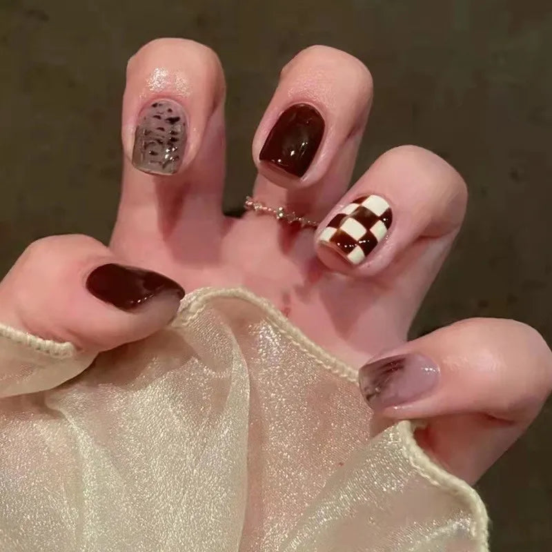 24pcs Cute Girly Short Square False Nails Sweet White French Nail Glitter Star Rhinestones Nail Art Cat Eye Bow Press On Nails