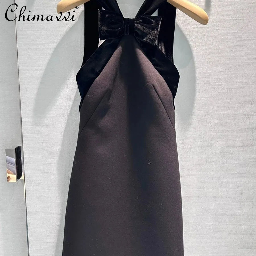 High-end Fashion Velvet Bow Splicing Dress 2025 Summer New Sexy Girl Backless Annual Meeting Gown Dress Mini Womens Dresses