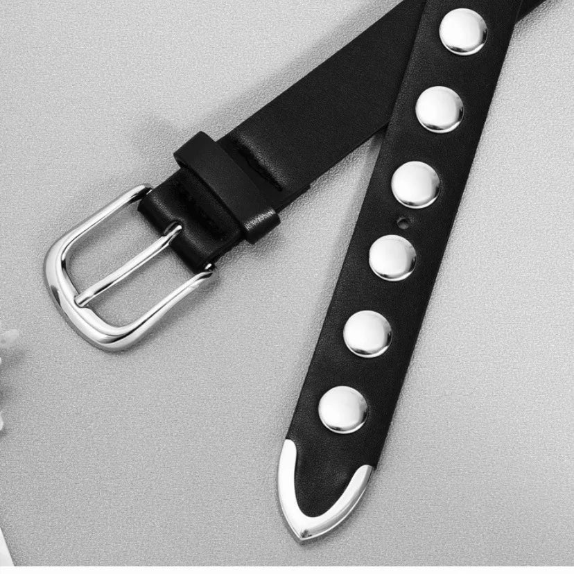Women 105CM Long 3cm Wide Leather Belt New Hip-hop Punk Style Large Rivet Pin Buckle Belt Versatile Jeans Belt Skirt Waist Belt