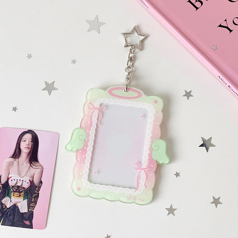 Kawaii 3-inch Photocard Holder with Wing Charm Keychain Kpop Idol Photo Sleeve for Student ID Bag Pendant Cute Card Protector