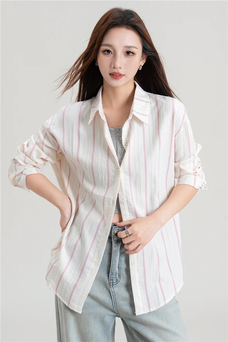 Korean Loose Striped Shirt Women Autumn Casual Blouse Oversized Long Sleeve Turn Down Collar Top French Chic Office Lady Clothes