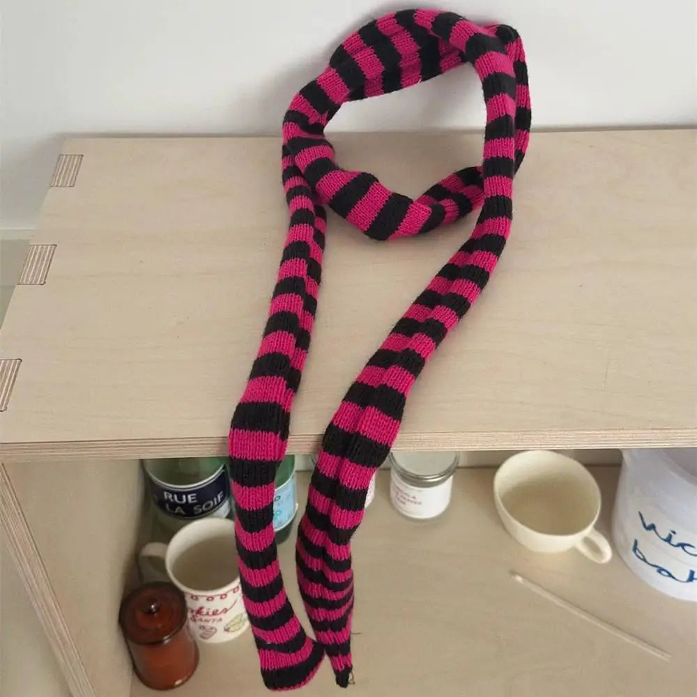 Korean Knitted Slim Long Scarf Y2K Harajuku Decorative Neckerchief Stripe Neck Women Narrow Long Scarf Choker Lady Accessories