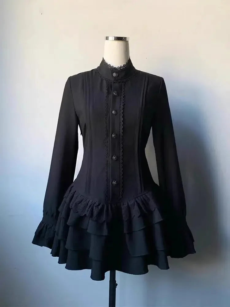 2025 Lace Button Long Sleeve Mini Dress Y2k Vintage Gothic Style Lace Up Dress Women High Street Black Lolita Slim Short Skirt
