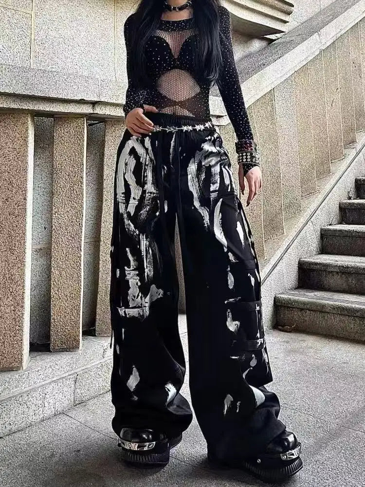 Y2K Grunge Silver Painted Cargo Pants Women's Gothic Drawstring Wide Leg Baggy Streetwear Trousers Female Punk Harajuku Bottoms