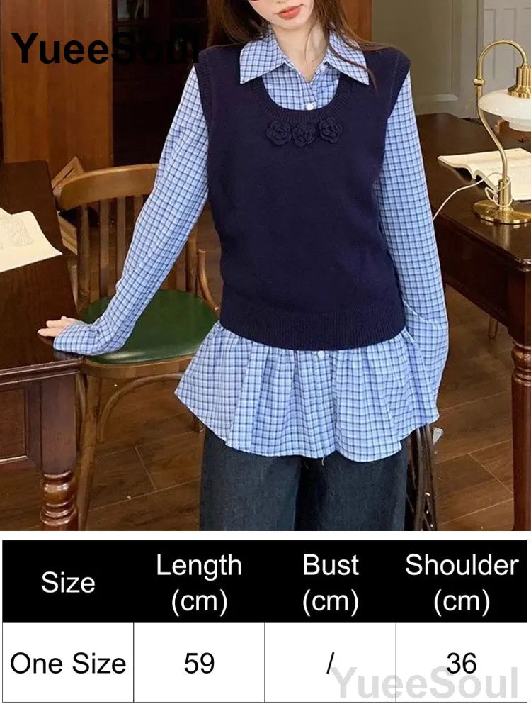 Blue Argyle Women's Vest Plaid Sleeveless Pullover Loose Knitted Sweater Vest 2026 New Autumn Y2K Casual Oversized Waistcoat