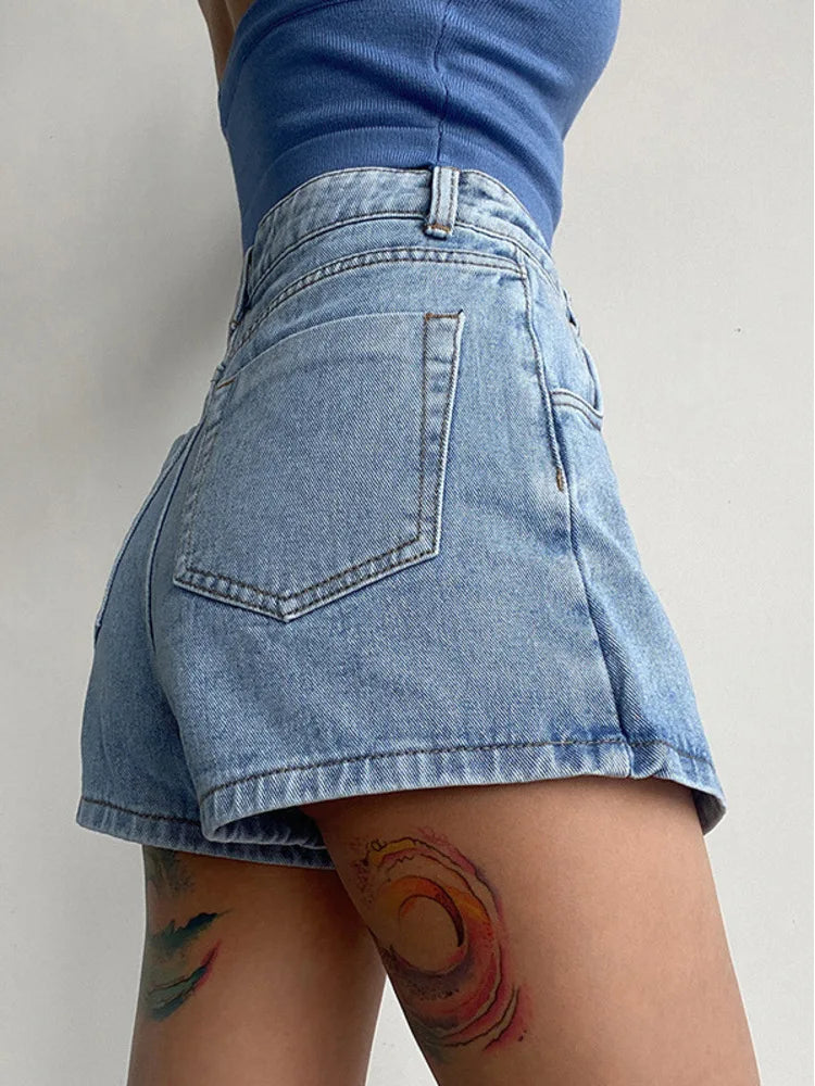 2026 Summer Women High Waist A-line Shorts Light Color Fake Two-piece Design Elegant Slimming Hot Girl Pants Denim Short Skirt