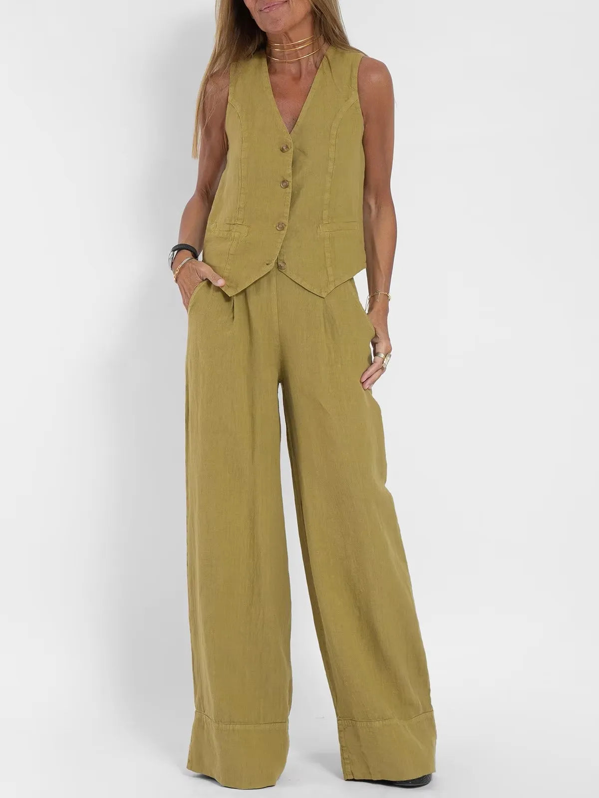 Womens Cotton Linen 2 Piece Sets  Sleeveless Suit Button V-Neck Vest and Wide Leg Pants Casual Blazer Matching Outfit