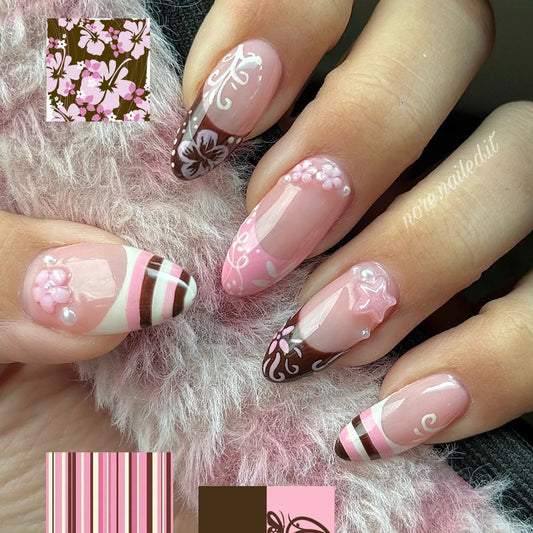 24pcs Spring Day Sweet False Nails Cute Pink Flower Star Pearl Designs Press On Nails Stripes French Style Almond Fake Nail