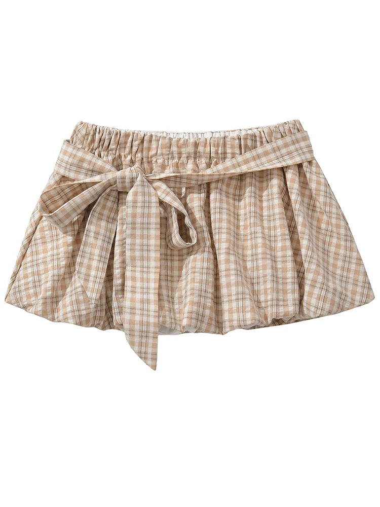 Chu Sau beauty Women New Fashion Sweet Plaid Chic Sashes Mini Skirt Sexy Elastic Low Waist Super Short Skirts A Line Skorts