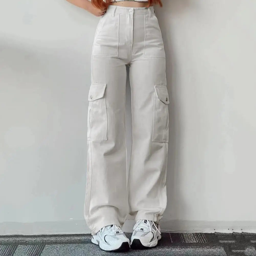 Women Cargo Pants Mid-rise Button Zipper Waist Casual Trousers with Multi Pockets Straight Leg Loose Fit Solid Color Long Pants