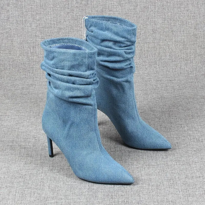 New Summer Pointed Toe High Heel Short Boots Women's Thin Heel Denim Boot Pleated New Mid-Calf Boot Tube Men's