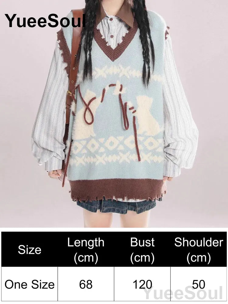 Blue Argyle Women's Vest Plaid Sleeveless Pullover Loose Knitted Sweater Vest 2026 New Autumn Y2K Casual Oversized Waistcoat
