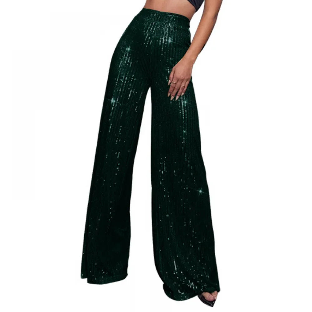 New Women Casual Sequin Sparkle Glitter Pants High Waist Flared Pants Elastic Loose Wide Disco Trousers Clubwear  Costumes