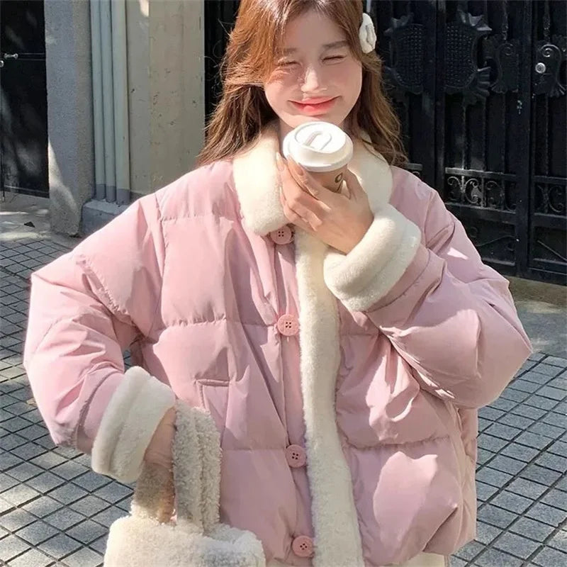 2026 Winter New Korean Gentle Age Reducing Collar Splicing Cotton  Jacket Women's Splicing Cotton Jacket Fashion Pink And Blue
