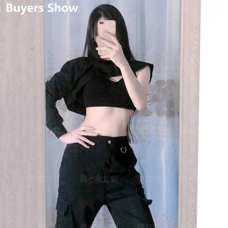 Kpop Korean Singer Black Cropped Vest Hoodies Dance Outfits Jazz Stage Costume Nightclub Women Group Hip-Hop Dance Costume 2025