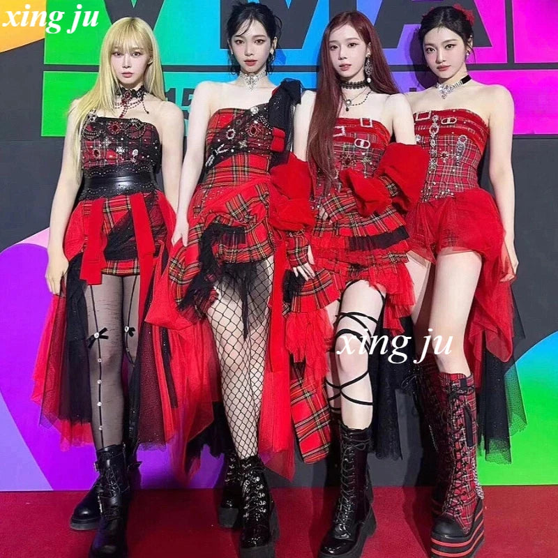 2025 Summer Korean Singer Party Dance Clothing Hip Hop Red Mesh Plaid Long Dress Nightclub DJ Sexy Festival Stage Rave Outfits