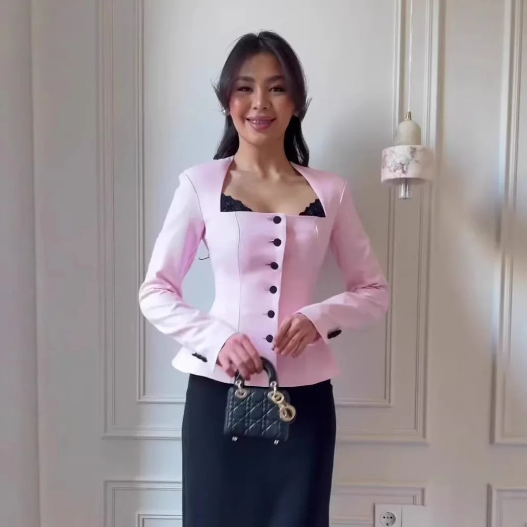 Women's Blouses Square Neck Long Sleeve Lace Patchwork Single Breasted Waistcoat Tops