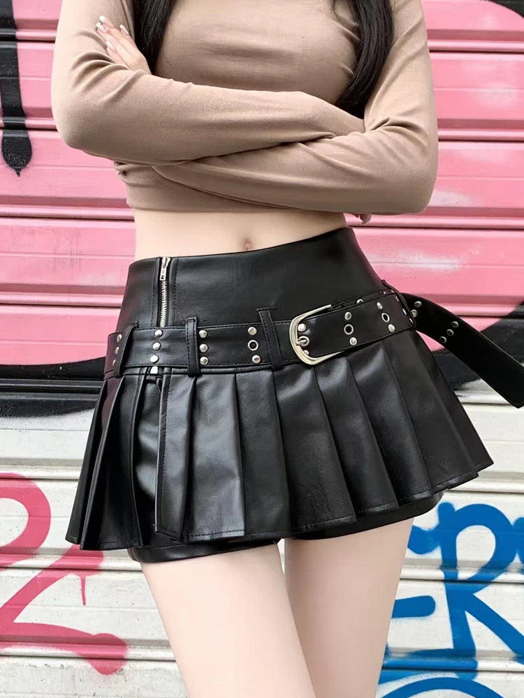 Gothic A-Line Pleated Leather Mini Skirt | Inspired by Özlem