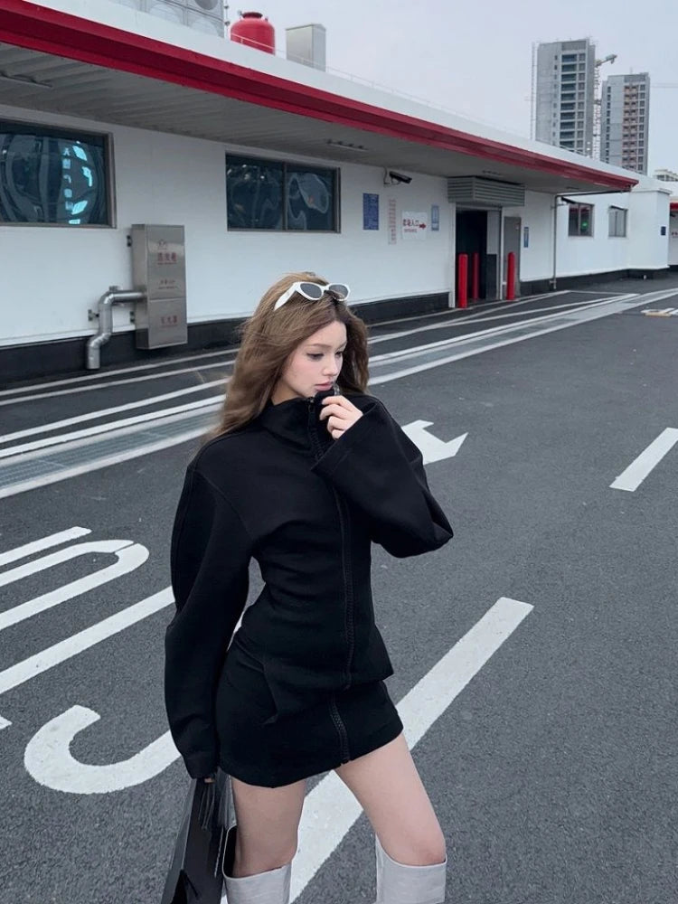 Japanese Harajuku style hot girl Y2K retro stand up collar big zipper black elastic body women's hoodie autumn hot girl tops emo