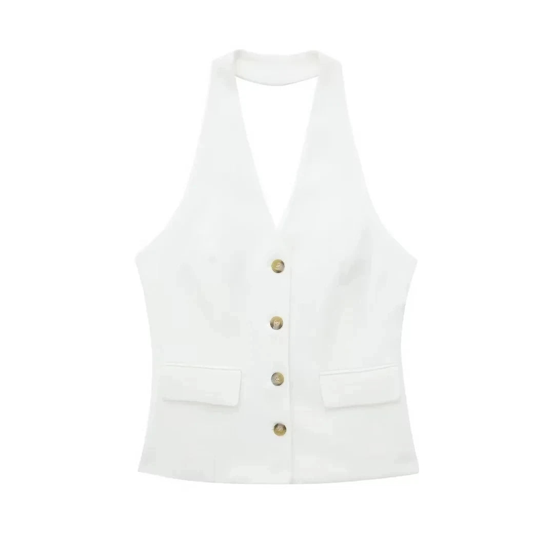 HH 2024 Female Elegant 2 Piece Solid Set High Waist Straight Trousers+Sleeveless Halter Vest Tops Chic Commuting Suit
