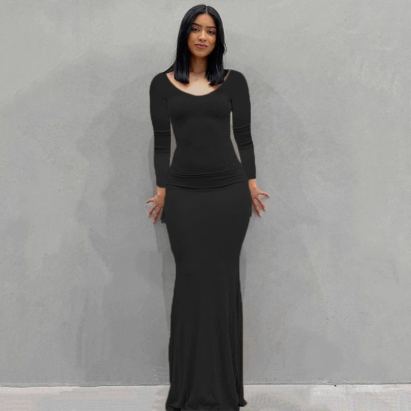 Trend Solid Color Slim Long Dresses Women Spring Autumn New Long Sleeve O Neck Package Hip Bodycon Dress Vestido Lady Streetwear