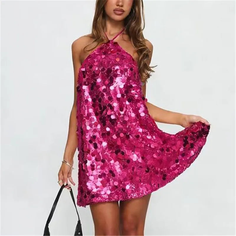 Sequin Backless Halter V-Neck Sleeveless Sparkle A-Line Ankle-Length Party Dress | Inspired by Beren Saat