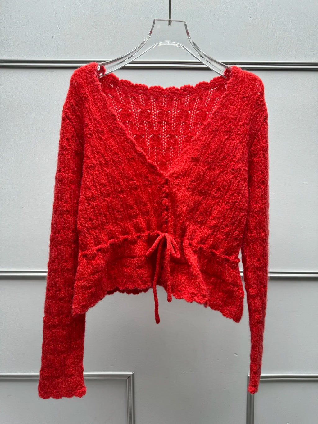 Hollow Knit Drawstring Waist Scallop Edge Cropped Cardigan | Inspired by Wonyoung