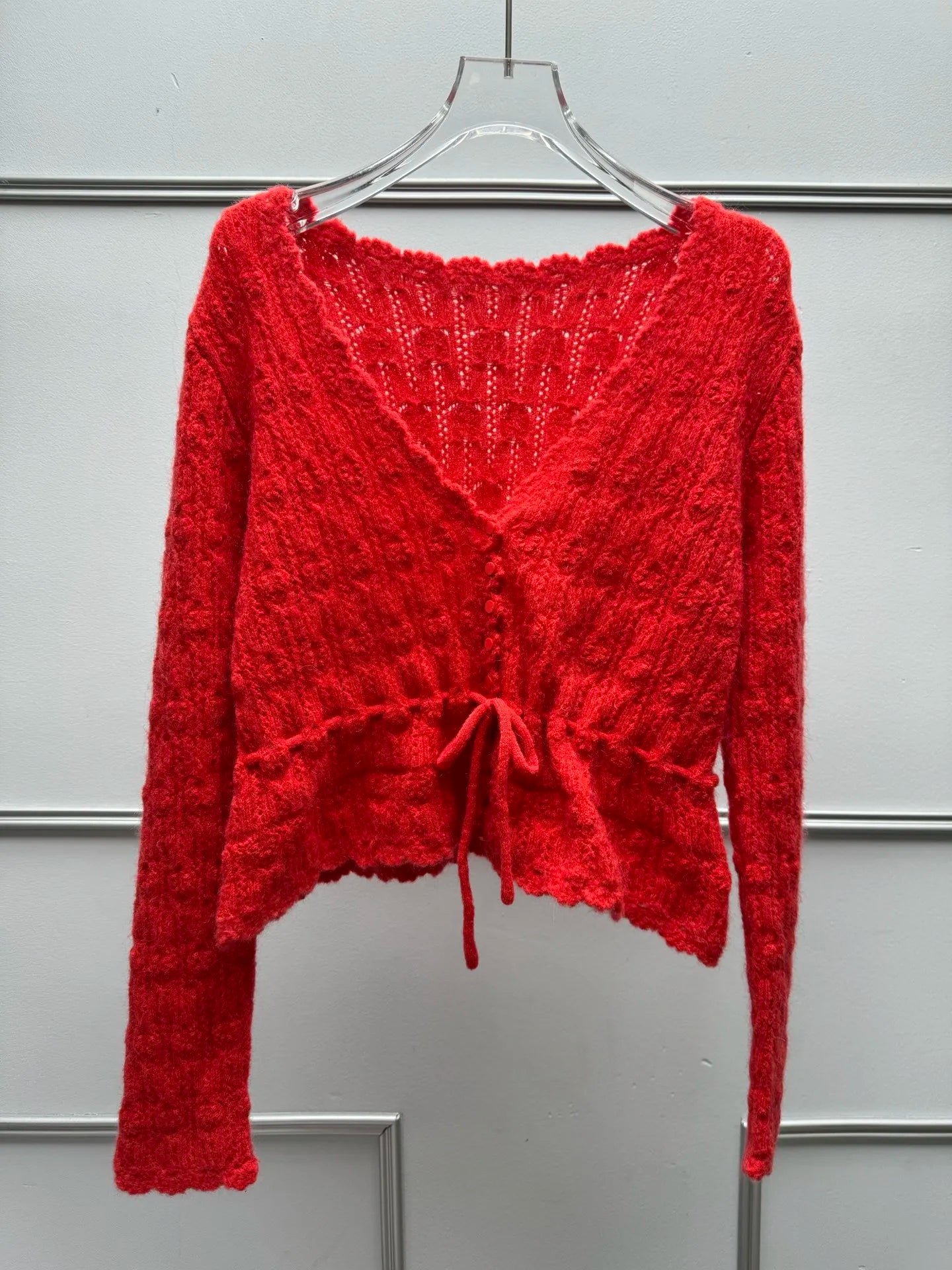 Autumn Women's Hollow Knit Cardigan Drawstring Waist Scallop Edge Cropped Sweater Coat Sweet Casual Outwear