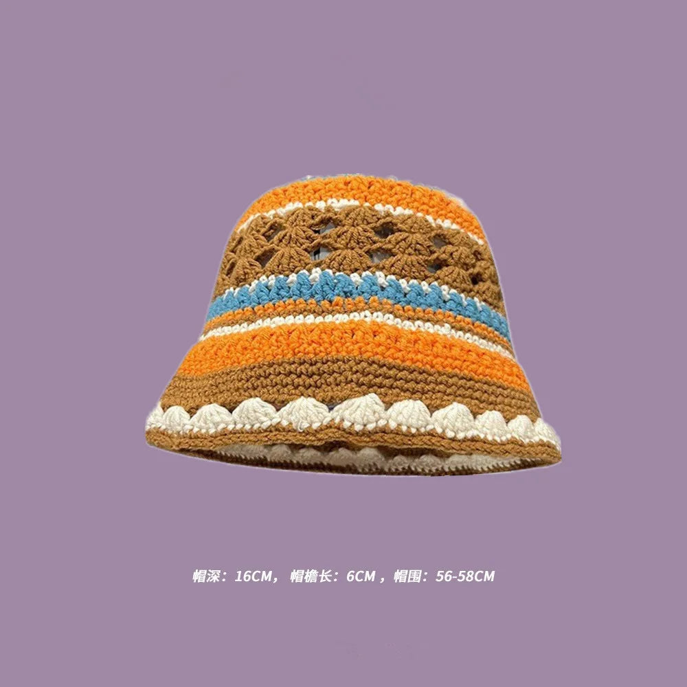 2023 Autumn New Crochet Korean Handmade Bucket Hat Women Weaving Knitted Hat  Fashion Flowers Autumn Winter Beanies Basin Cap