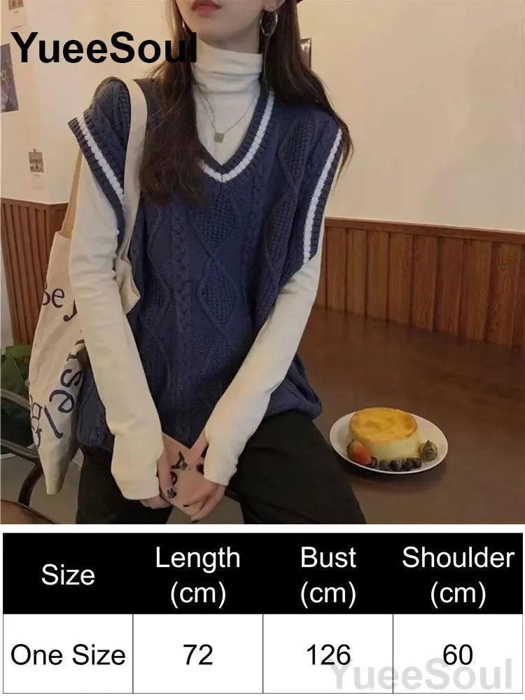 Blue Argyle Women's Vest Plaid Sleeveless Pullover Loose Knitted Sweater Vest 2026 New Autumn Y2K Casual Oversized Waistcoat