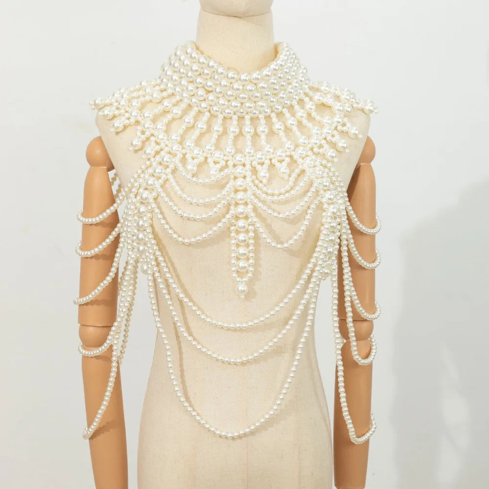 New Imitation Pearl Body Chain Beaded Collar Shoulder Big Necklaces Shawl Bridal Jewelry Sweater Long Chain Women Sexy Jewelry