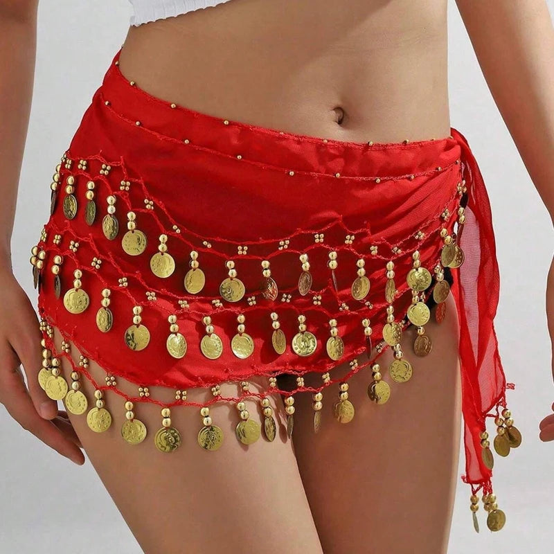 1pc Belly Dance Hip Scarf Chiffon Skirt Wrap Professional Scarf Skirt Costume with Coins for Yoga Belly Dancing,Autumn,new years