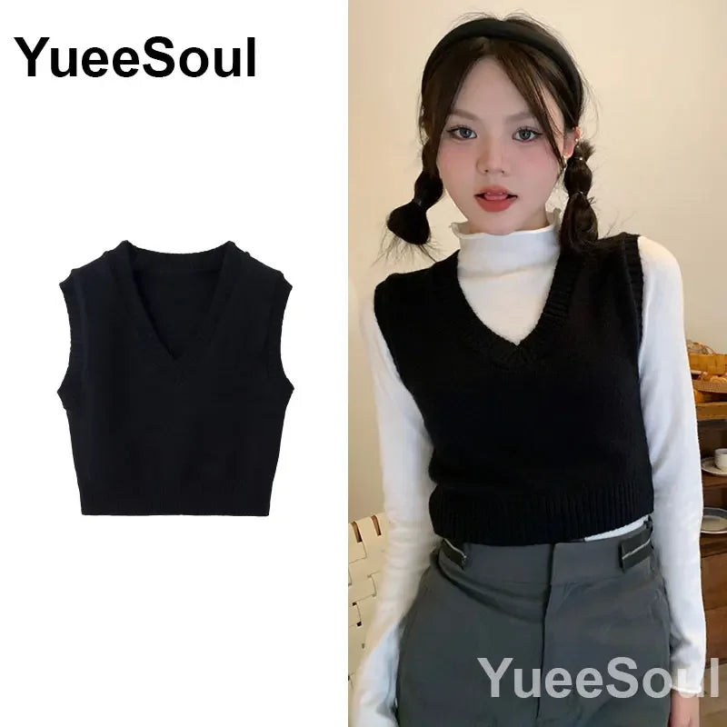Vintage Knitted Women Sweater Vest American Y2K Aesthetic Sweet Cute 90s Slim Crop Waistcoat 2023 New Plaid Sleeveless Knitwears