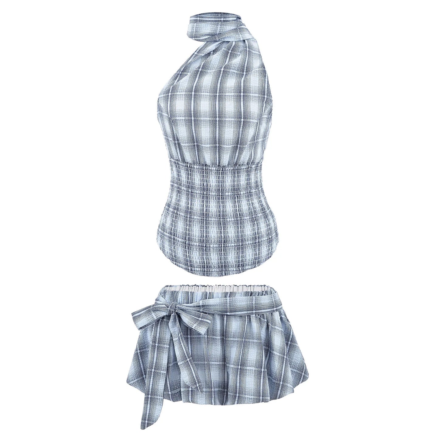 KADUWAKI Summer Plaid Printed Hanging Neck Sloping Shoulder Lace Up Slim Fit Top Khaki Mini A-line Fluffy Skirt 2-piece Sets Y2k