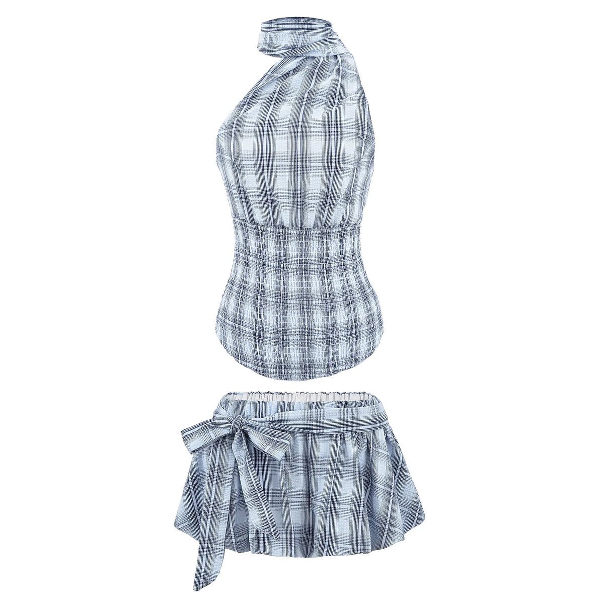 Y2K Plaid Halter Top & Fluffy Mini Skirt 2-Piece Set | Inspired by Sophia