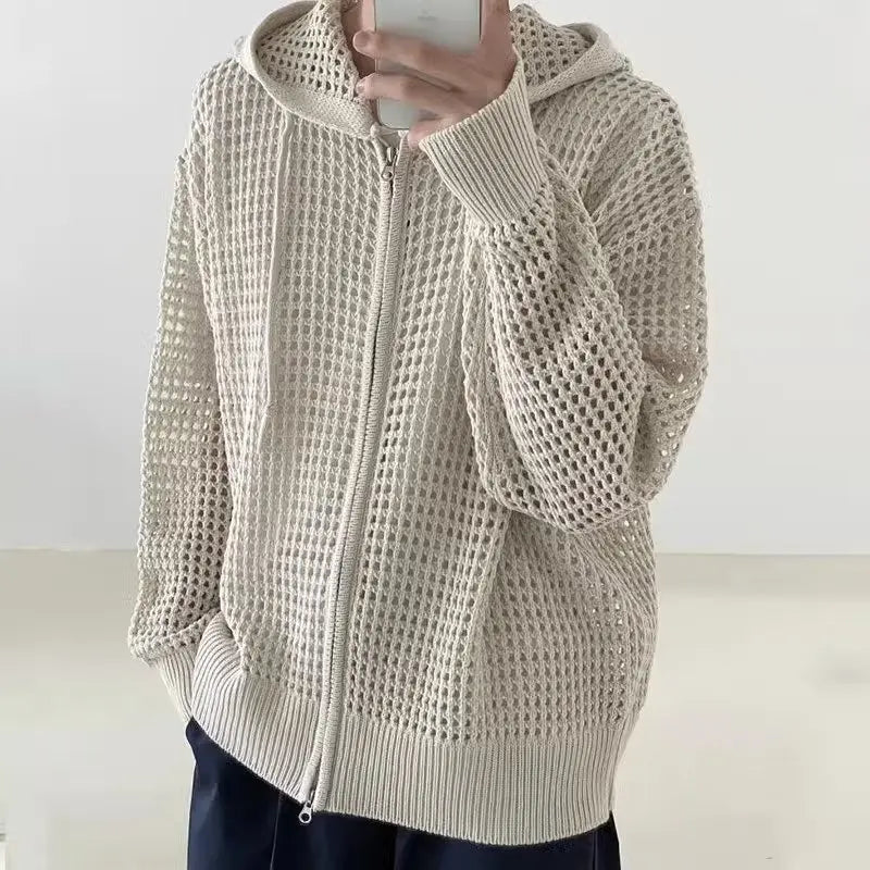 Unisex Hoodies Trendy Hollow Out Hooded Knitted Cardigan For Men Spring Autumn Loose Zip Up Sweater Coat Casual Outerwear
