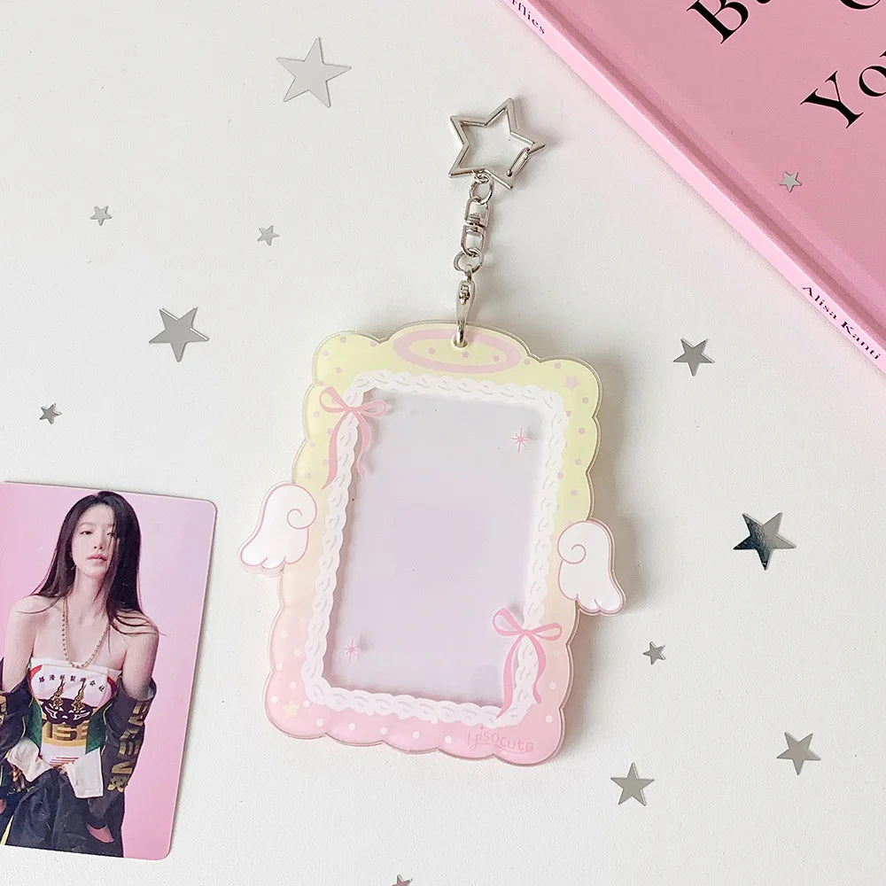 Kawaii 3-inch Photocard Holder with Wing Charm Keychain Kpop Idol Photo Sleeve for Student ID Bag Pendant Cute Card Protector