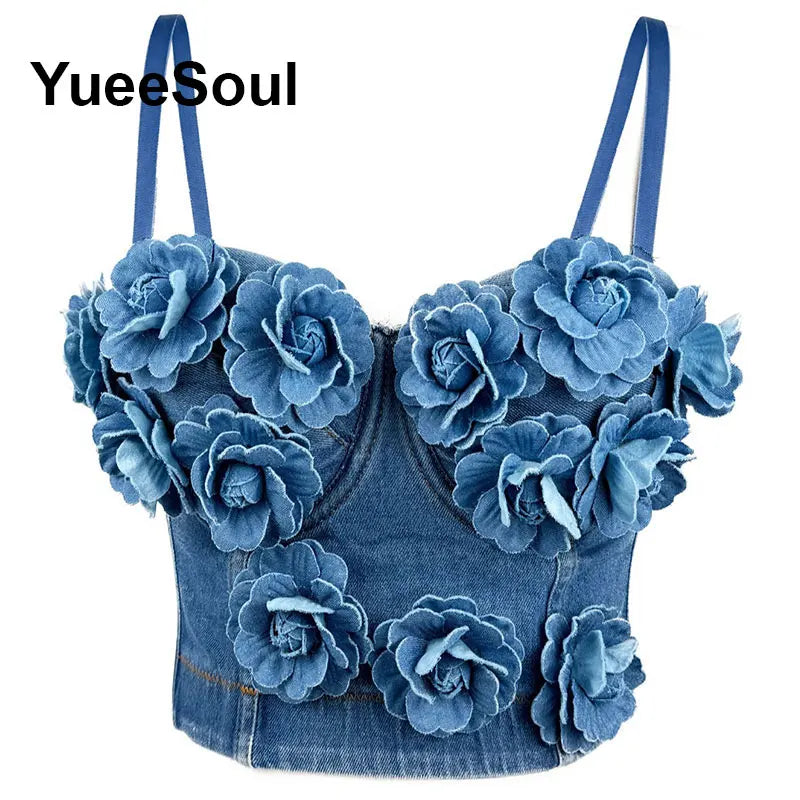 Denim Crop Tops Pearl Tassel Diamond Flower Blue Sleeveless Sexy Corset 2000s 2026 Summer New Y2K Party Evening Woman Clothes