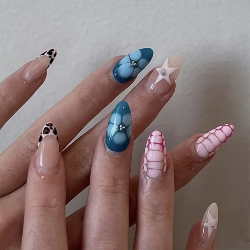 24pcs White Flower Fake Nail Tips Ins Yellow Pink Blush False Nails Wearable Full Cover European Almond Shaped Press on Nails