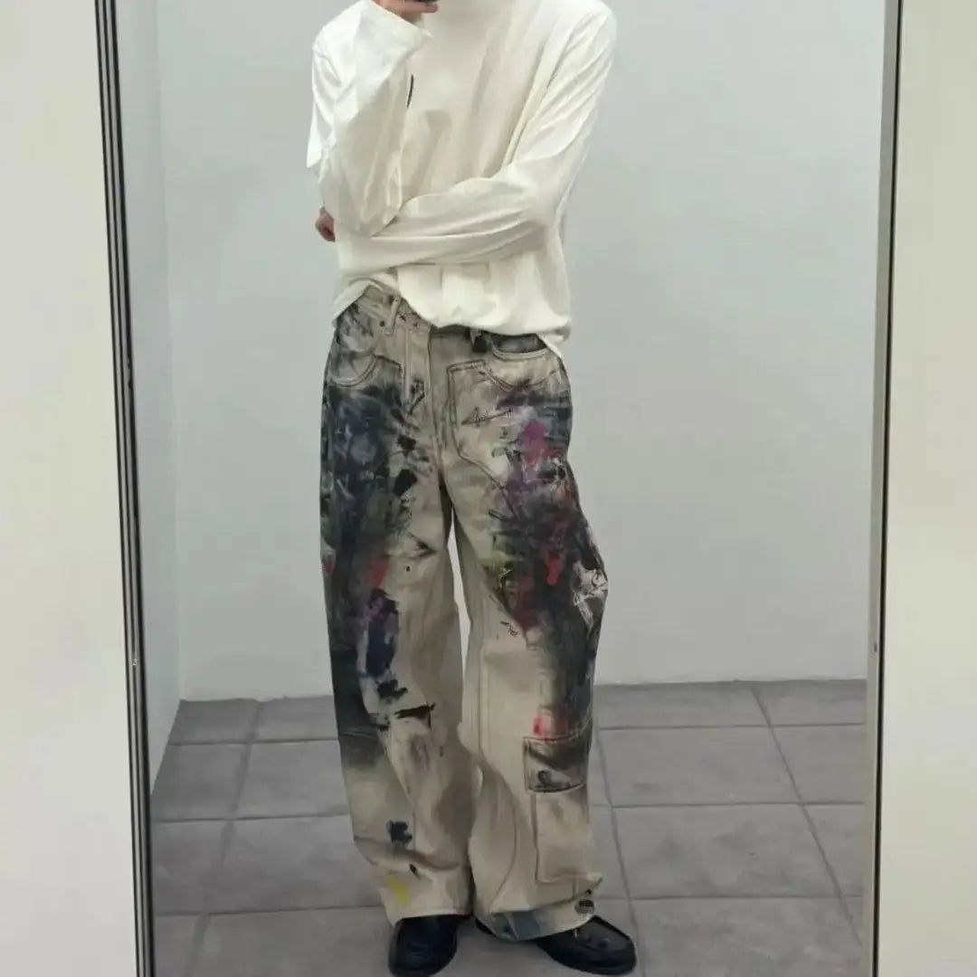 Vintage Graffiti Printed Jeans Women High Waisted Baggy Wide Leg Pants y2k Punk Trousers Fashion Pocket High Street Denim Pants