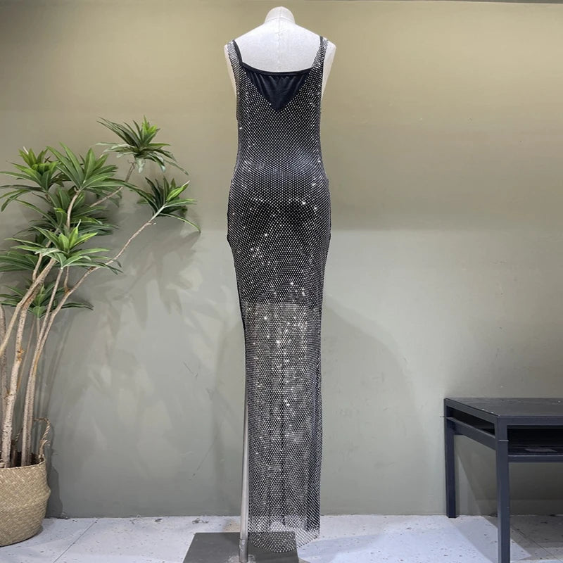 Women Evening Party Glitter Long Dress Sexy Side High Slit Black Shining Luxury Spaghetti Strap High Split Dresses with Sequins