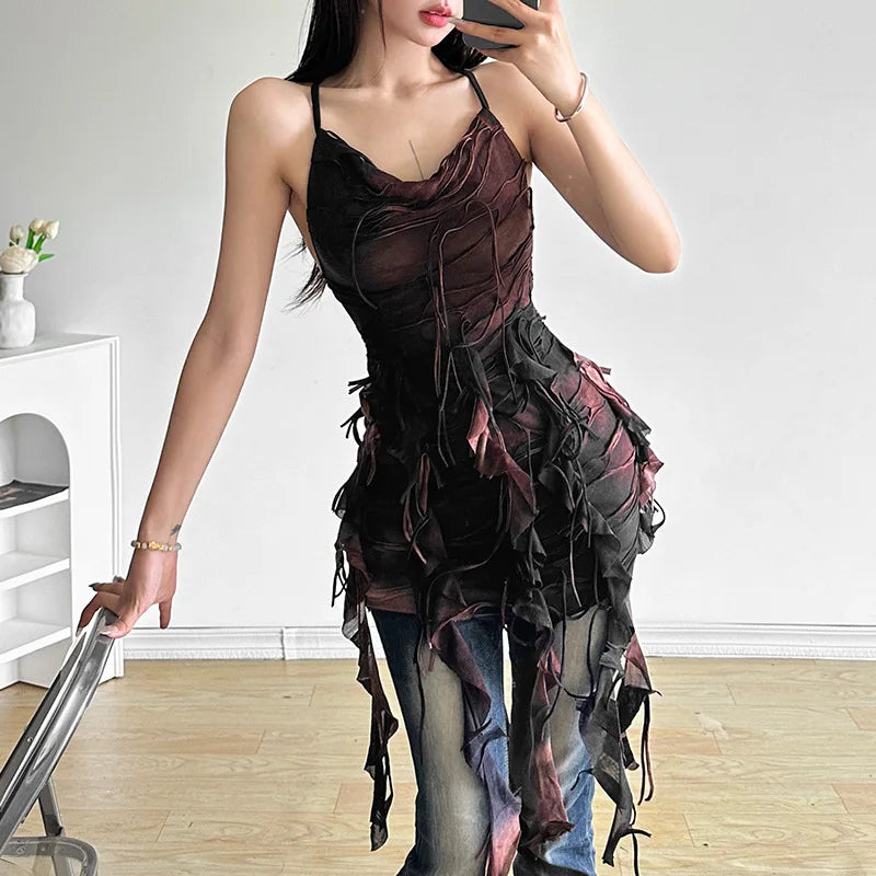Tie-Dye Halter Tassel Ruched Backless Pleated Mini Dress | Inspired by Beren Saat