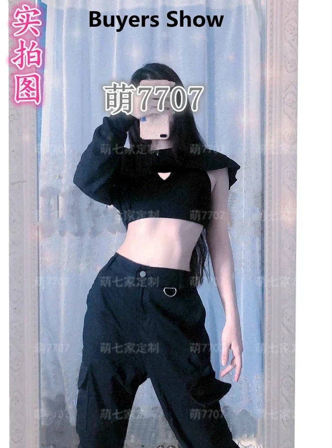 K-pop Black Street Wear Slim Cropped Vest Hoodies Dancer Outfit Jazz Stage Costume Korean Girl Group Hip-Hop Dance Pants Costume