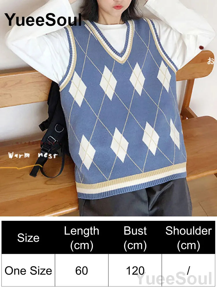Blue Argyle Women's Vest Plaid Sleeveless Pullover Loose Knitted Sweater Vest 2026 New Autumn Y2K Casual Oversized Waistcoat