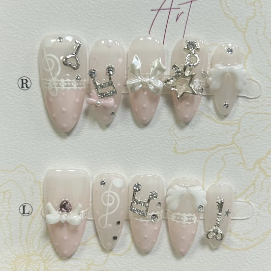 Musical Notes Pink Retro Cute Lace Polka Dots French Almond Press On Nails Handmade 3D Bow Star Wings Diamond Vintage Fake Nails